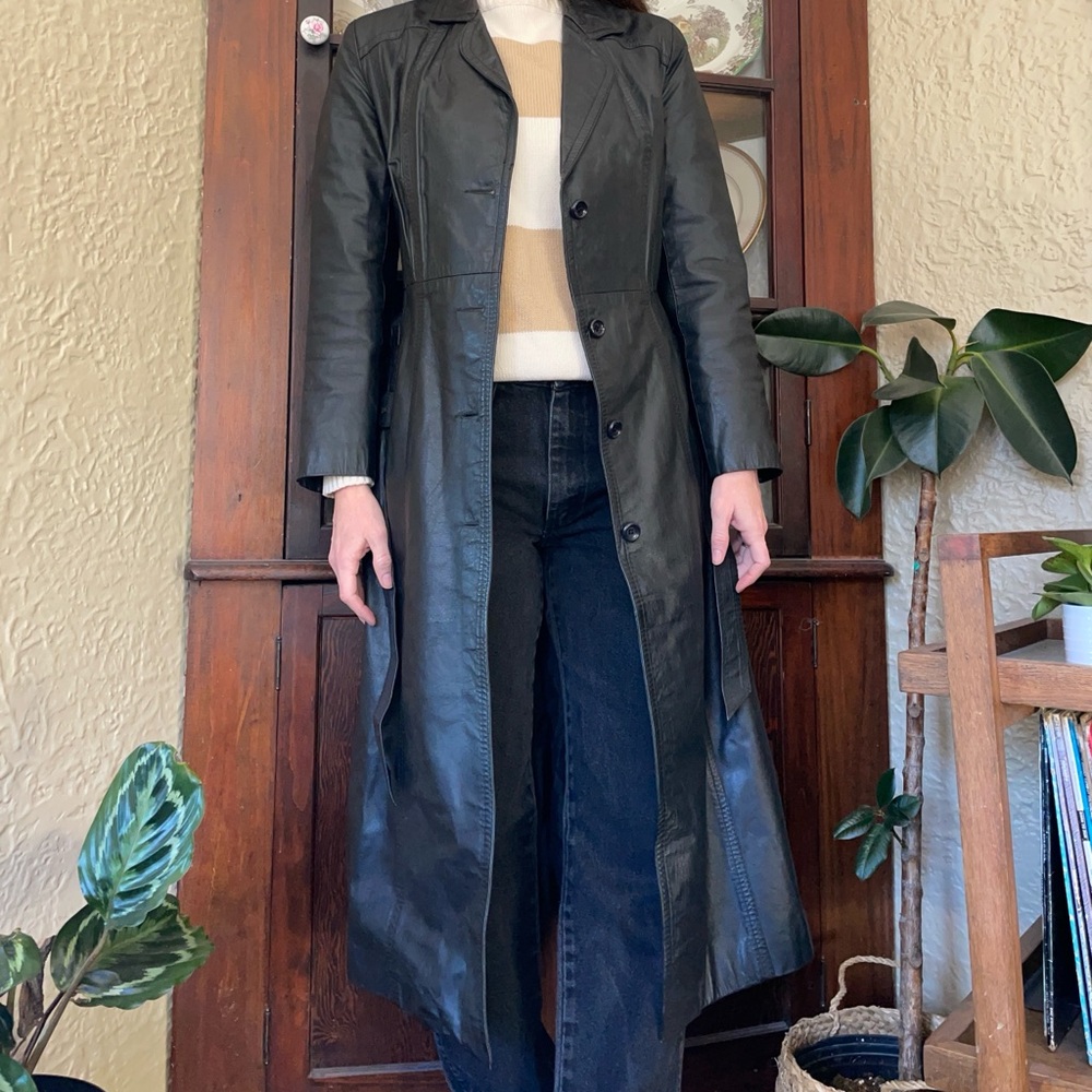 Vintage 80s leather duster trench coat Split Ends Ltd. Black coat jacket - Picture 6 of 13